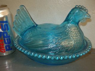 Vtg Indiana Carnival Art Glass Blue Iridescent Hen On Basket Nest Dish 7 " Beaded
