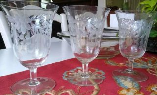Set (3) Vintage Crystal Etched Floral Wine Water Goblets 7 7/8 " Thin Rim