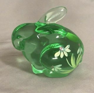 Fenton Willow Green Art Glass Bunny Rabbit Hand Painted Signed Artist D Wright