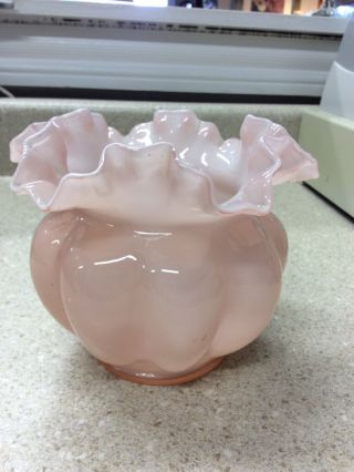 Vintage Fenton Art Glass Rose Overlay Opaque Ruffled Melon 5 1/2 " Bowl Vase