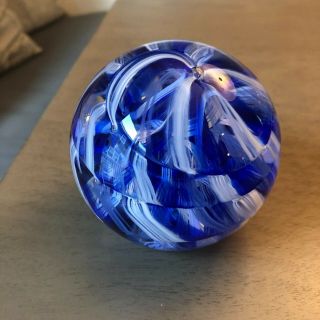 Wheaton Village Art Glass Paperweight Signed Jk Blue Swirl