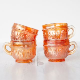 Dugan Stork & Rushes Marigold Carnival Glass Punch Cups - Set Of 4