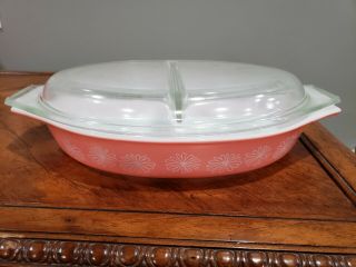 Vintage Pyrex Pink Daisy Divided Casserole Dish With Lid - 1 1/2 Quart