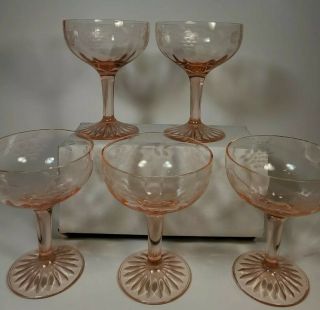 Set Of 5 Vintage Pink Glass Grape Etched Stem Wine Champagne Glasses Flaw