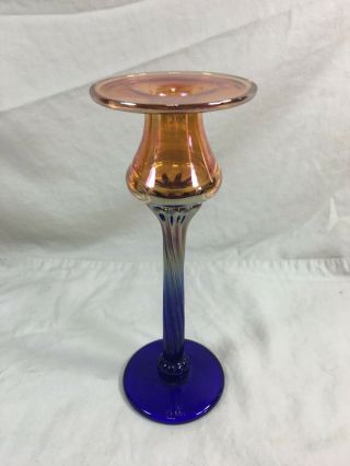 Vintage Rick Strini Art Glass Orange Cobalt Candlestick
