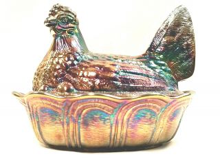Vintage Fenton Art Glass,  Amethyst Carnival,  Covered Hen On Nest / Chicken