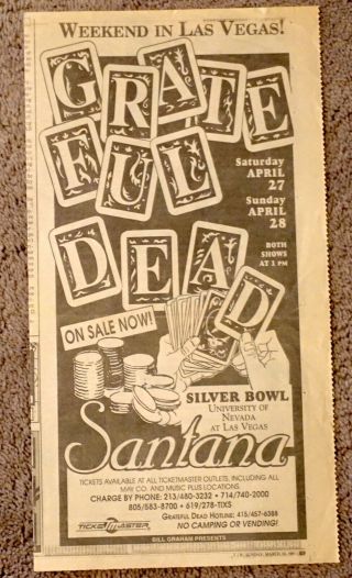 Grateful Dead Santana - 1991 Silver Bowl Las Vegas Newspaper Ad