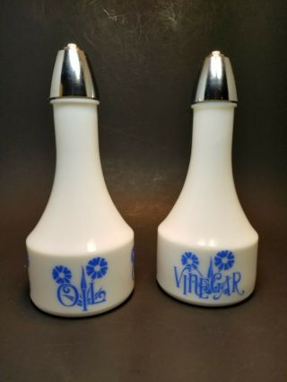 Vintage Gemco Oil Vinegar Cruets White Blue Cornflower Corning Matchables