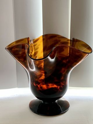 Murano Hand Blown Glass Tortoise Shell Fluted Napkin Vase Made In Italy