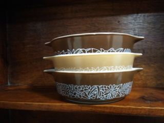 Vintage Set Of 3 Pyrex Woodland Casserole Serving Bowls 471 472 & 473 Brown/tan
