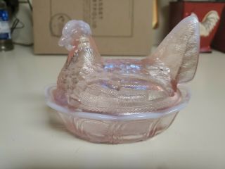 Fenton Art Glass Covered Chicken On Nest Iridescent Carnival Rose Pink Glass
