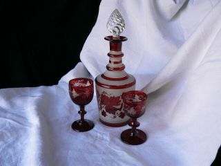 Ruby Flashed Decanter And Wine Glasses Etched Grape Leaf Bohemian Glass Eapg