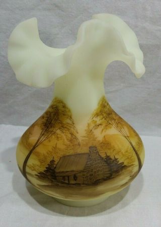 Fenton Art Glass Hand Painted Log Cabin Custard 7 " Ruffled Vase