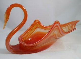 Vintage Murano Style Art Glass Swan Orange Swirl Trinket Dish Bowl Hand Blown