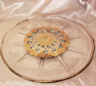 Mid Century Culver Valencia Blue Gold Glass Serving Cake Platter,  Plate,  Tray