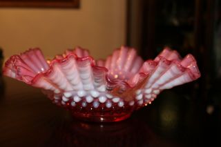 Vintage Fenton Cranberry Hobnail Opalescent Fluted Crimped Bowl Stunning L@@k