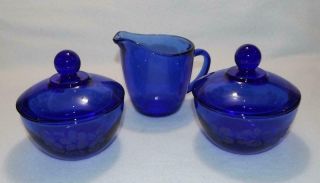 Vintage Anchor Hocking Cobalt Blue Glass Sugar Bowls With Lids & Creamer Set