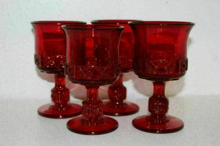 Set Of 4 L.  G.  Wright Ruby Red Daisy & Cube/stars & Bars Glass 6 " Water Goblets