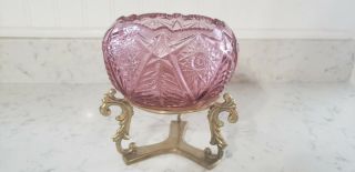 Vintage Fenton Glass Pink Rose Candy Dish With Brass Stand Pressed Star Pattern
