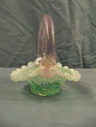 Fenton Green Opalescent Glass Mini Miniature Basket Pinwheel Pink Handle