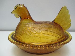 Vintage Indiana Glass Hen On Nest Covered Candy Dish Amber In Color 5 " T