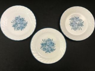 (3) Corelle Blue Velvet Roses 7 - 1/8 " Bread Salad Dessert Plates Blue Swirl Rim