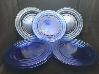 Set Of 8 Vintage Hazel Atlas Cobalt Blue Glass Moderntone Pattern 9 " Plates