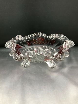 Vtg Westmoreland Ruby Stain Paneled Grape Pattern Crimped Ruffled 3 Footed Bowl