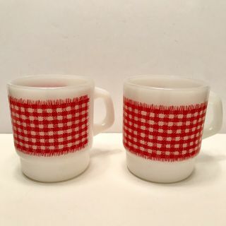 Vintage Fire King Anchor Hocking Red Gingham Check Stackable Mugs Set Of 2