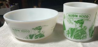 Vintage Hazel Atlas White Milk Glass Green Robin Hood Cup Mug & Cereal Bowl