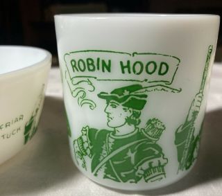Vintage Hazel Atlas White Milk Glass Green Robin Hood Cup Mug & Cereal Bowl 2