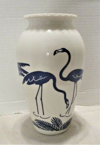 Vintage Anchor Hocking White Milk Glass 9 " Vase W Blue Flamingos
