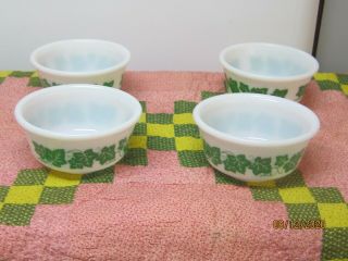 Vtg Set Of 4 Hazel Atlas White Milk Glass Green Ivy Bowls