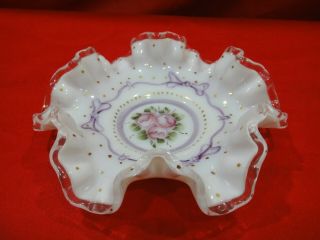 Charleton Fenton Hand Painted Pink And Purple Gold Dots Candy Bowl Ruffled Edge