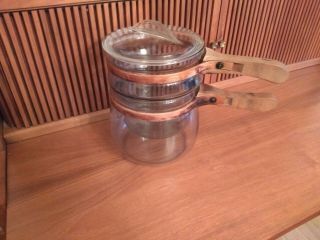 Rare Wwii - Era Pyrex Blue Tint Double Boiler With Wooden Handles