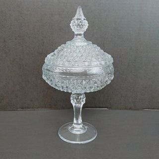 Vintage Clear Indiana Glass Diamond Point Pedestal Candy Dish With Lid Made Usa