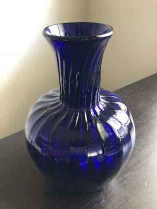 Vintage Blue Cobalt Blown Art Glass Vase Swirled Design Interior Decor