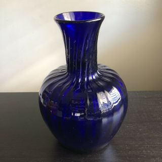 Vintage Blue Cobalt Blown Art Glass Vase Swirled Design Interior Decor 2