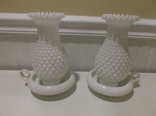 Vintage Pair Fenton Hobnail White Milk Glass Hurricane Candle Finger Lamps