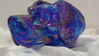 Joe St.  Clair Toothpick Holder Carnival Glass Dog Head Blue Iridescent Signed