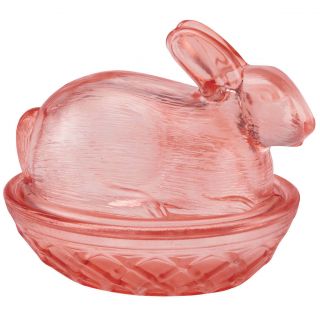 Depression Style Candy Dish Pink Bunny Vintage Glass Nut Jar W Lid Cover