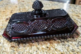 Vintage Ruby Red Pressed Glass Butter Dish With Lid