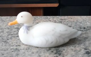 Vintage Fenton White Satin Glass Hand Painted Duck Figurine - Signed 2
