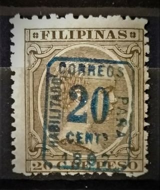 Spanish Philippines 1897 20c Blue Ovrprnt On 20c Gray Brown Mhog Scott 183 (t6)