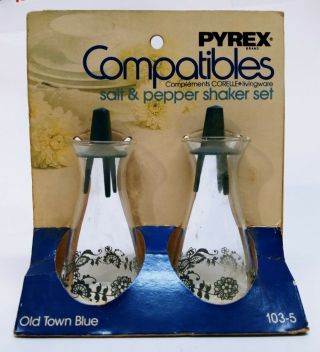 Vintage Pyrex Glass Salt & Pepper Shaker Set Old Town Blue Corelle Compatible