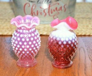 Set Of 2 Vintage Fenton Cranberry Opalescent Hobnail Glass Ruffled Vases