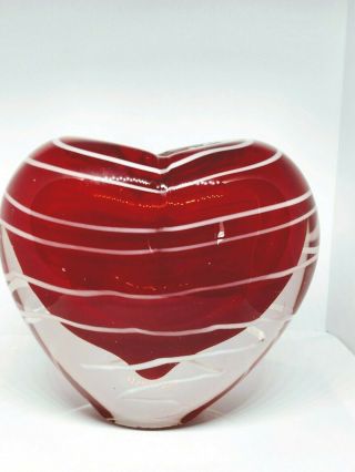 Hand Blown Clear To Red Heart With White Swirl Art Glass Bud Vase 5 " Tall