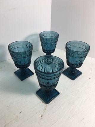 4x Vintage Colony Park Lane Blue Glass Water Goblets Wine 5 1/2 "