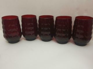 Vintage Ruby Red Bubble Pattern Glasses Set Of 5 Mid - Century Modern Glassware