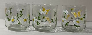 Set Of 3 Vintage Libbey White & Yellow Daisy & Butterfly Tumblers 6 Ounces Euc
